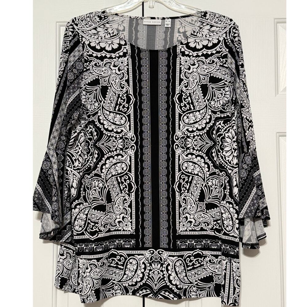 Susan Graver Black and White Printed Blouse/Tunic, Size XL